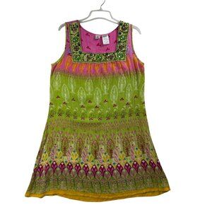 Forbidden Womens L Bohemian Gauze Dress Parrot Green Tank Abstract Jeweled Neck